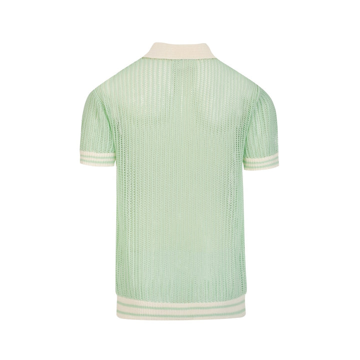 Herre Mintgrøn Retro Strikket Polo med Åbent Mønster i Kyststil