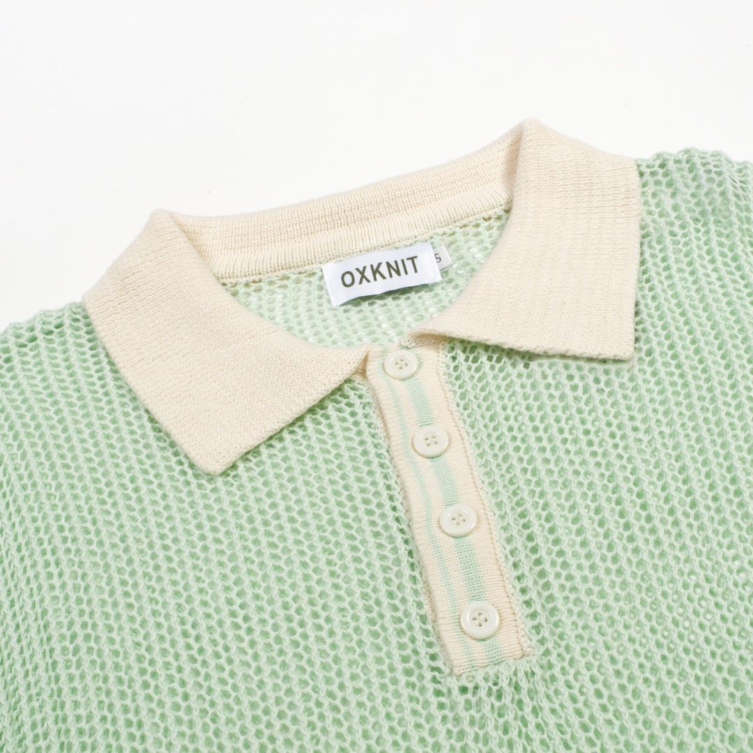 Herre Mintgrøn Retro Strikket Polo med Åbent Mønster i Kyststil
