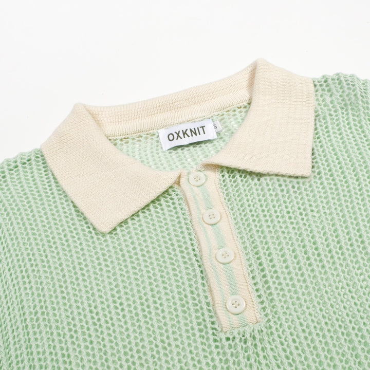Herre Mintgrøn Retro Strikket Polo med Åbent Mønster i Kyststil