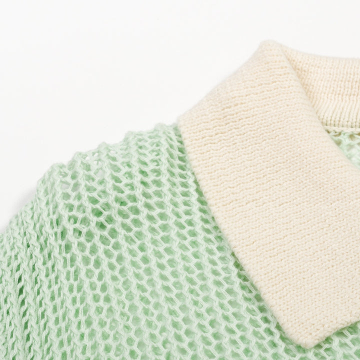 Herre Mintgrøn Retro Strikket Polo med Åbent Mønster i Kyststil