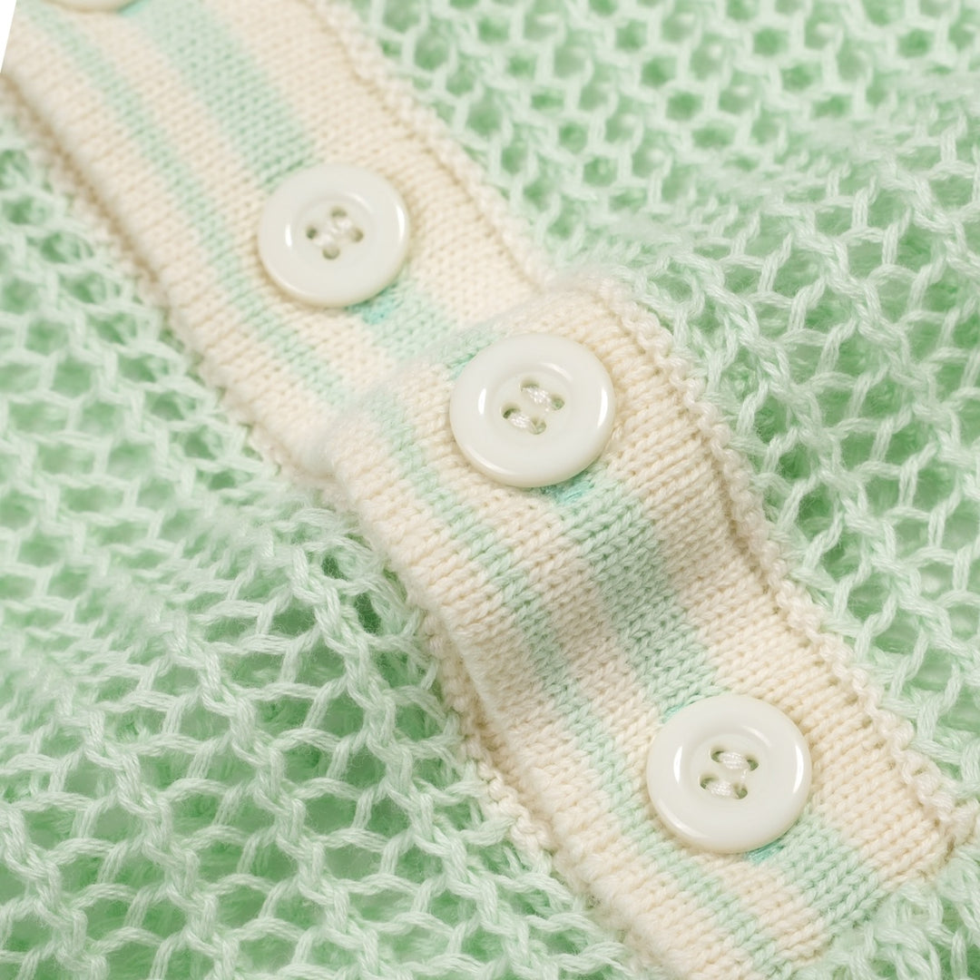 Herre Mintgrøn Retro Strikket Polo med Åbent Mønster i Kyststil