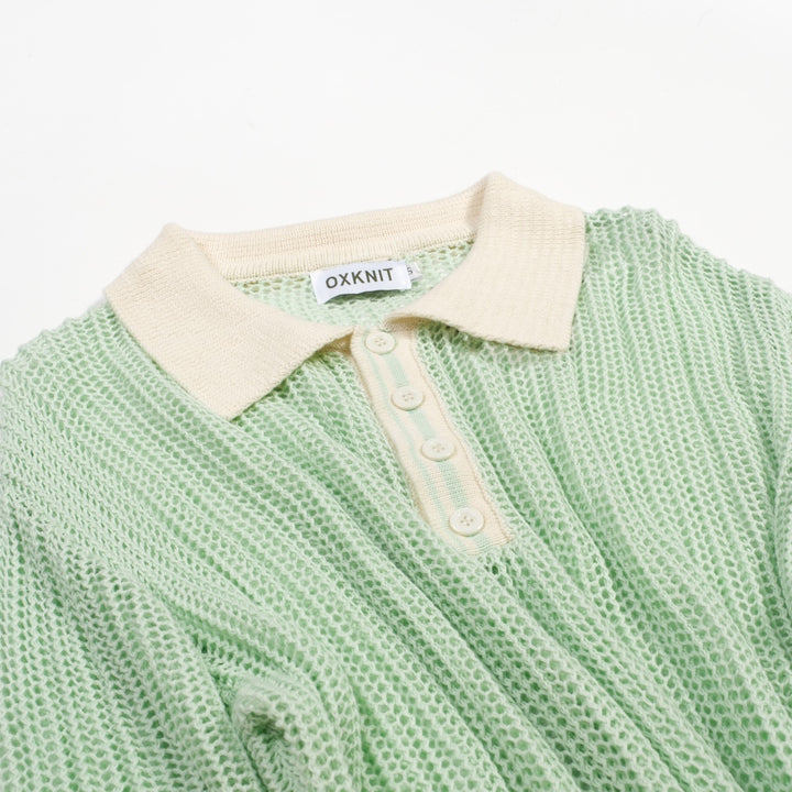 Herre Mintgrøn Retro Strikket Polo med Åbent Mønster i Kyststil