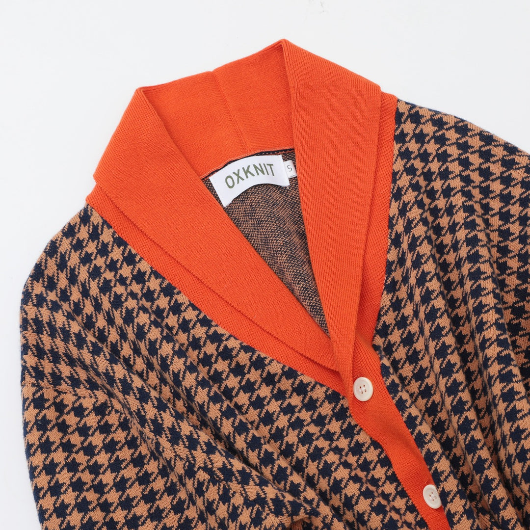 Herre 70'er Houndstooth Gentleman Collegiate Sjal Krave Strik Cardigan