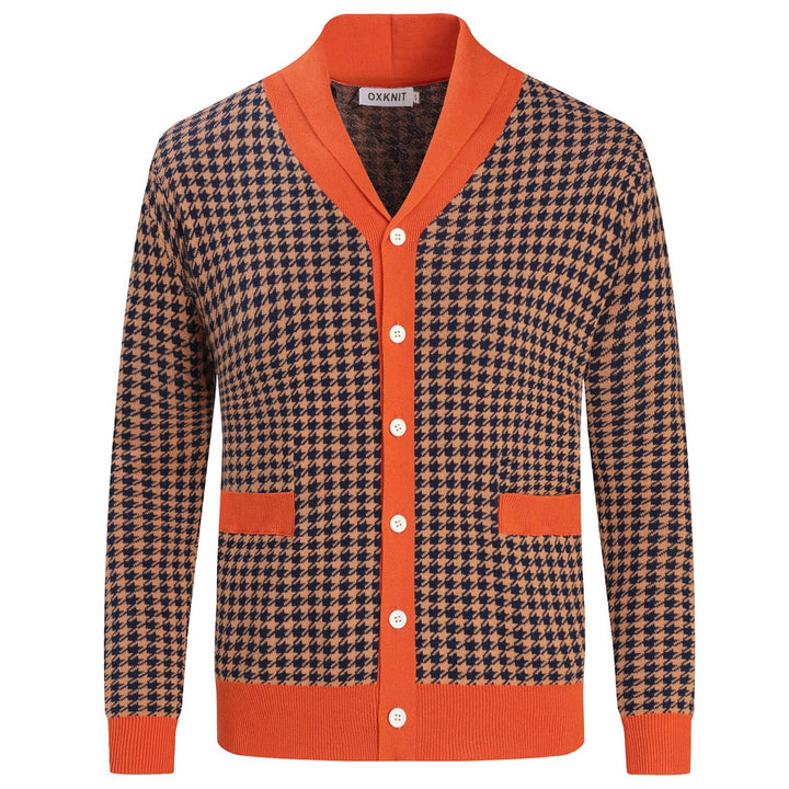 Herre 70'er Houndstooth Gentleman Collegiate Sjal Krave Strik Cardigan