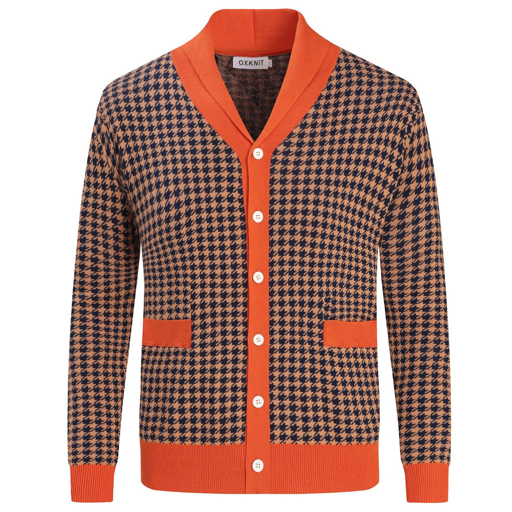 Men's 70s Houndstooth Gentleman Collegiate Shawl Collar Knit