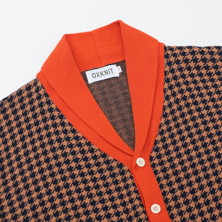 Herre 70'er Houndstooth Gentleman Collegiate Sjal Krave Strik Cardigan