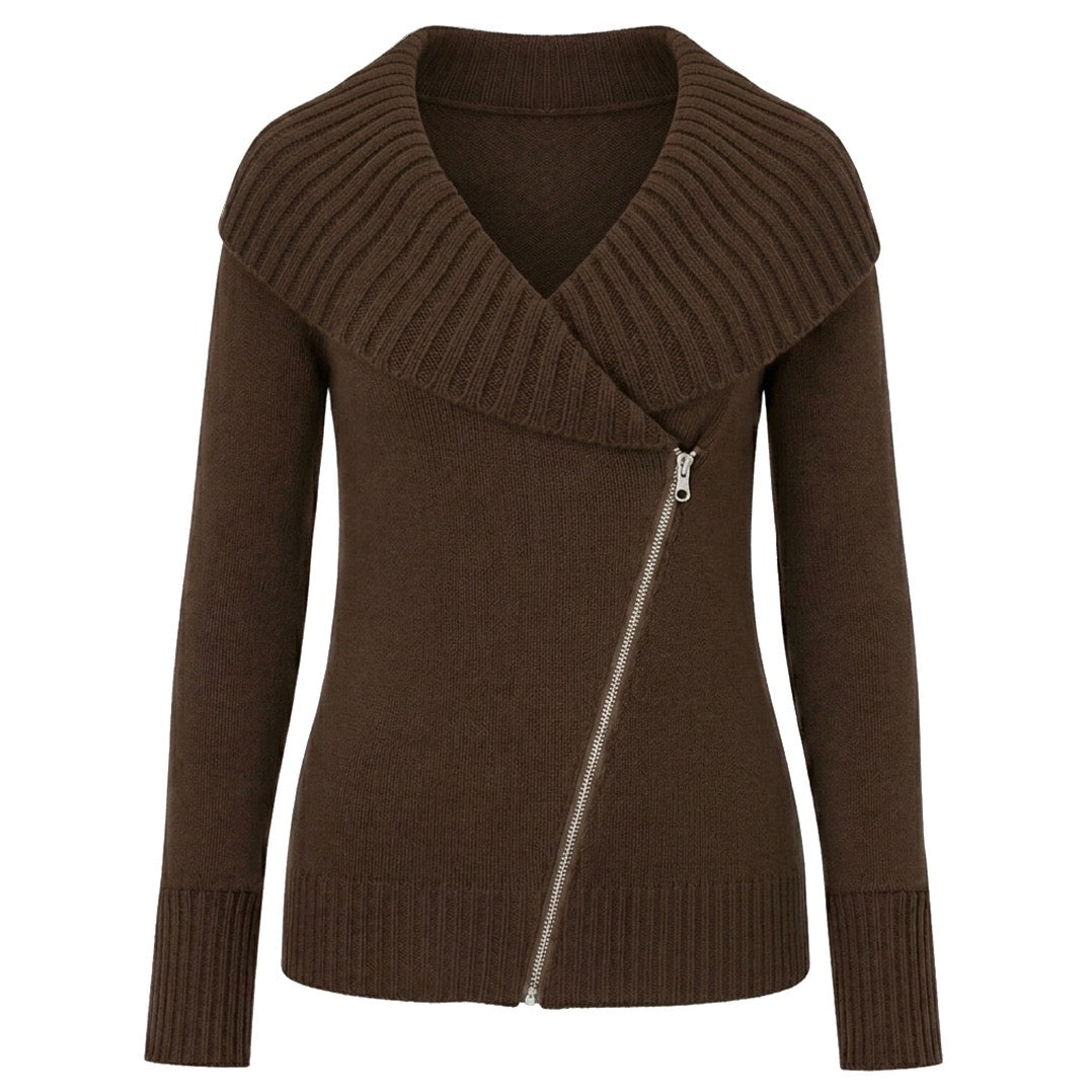 Women's Brown Vintage Minimalist Elegant Zip-Up Knit Cardigan