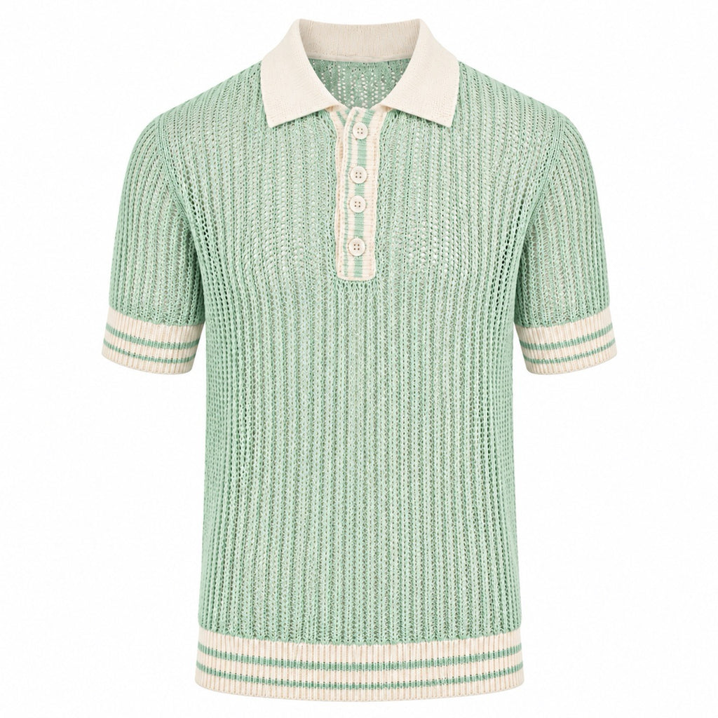 Men's Mint Green Retro Openwork Coastal Style Knit Polo Shirt – OXKnit