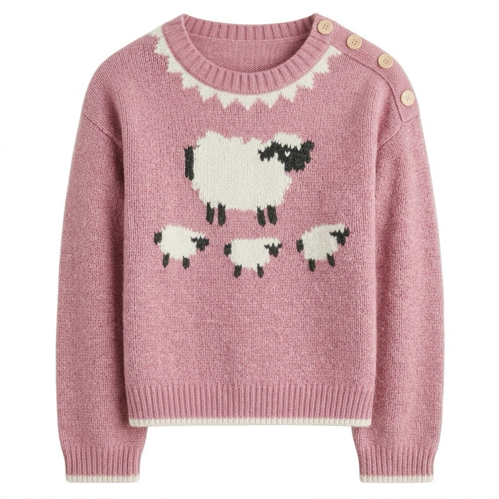 Women's Pink 70s Pastoral Fun Animal Knit Sweater