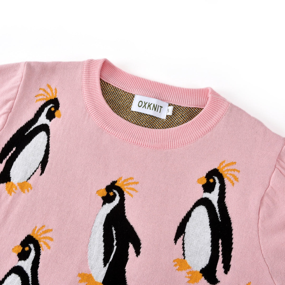 Dames Roze 60s Speelse Geborduurde Pinguïn Jacquard Gebreide Trui