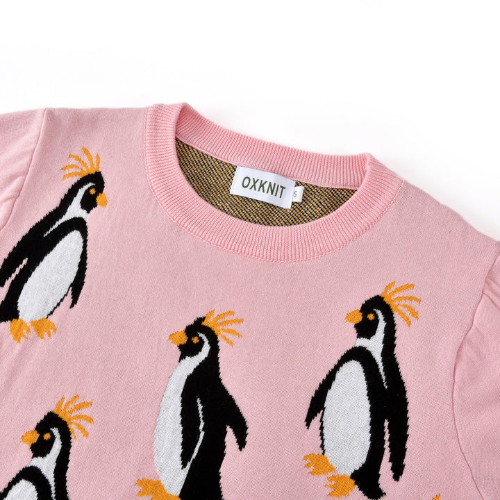 Dames Roze 60s Speelse Geborduurde Pinguïn Jacquard Gebreide Trui