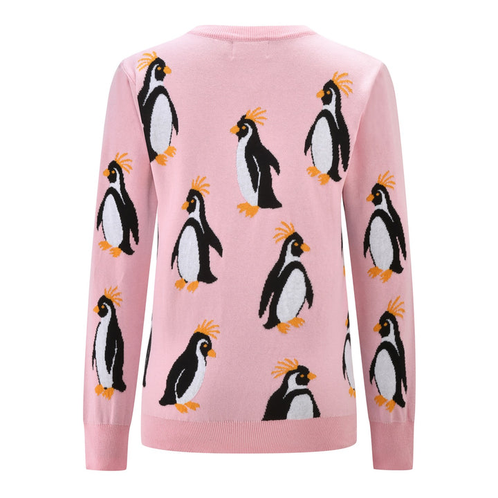 Dames Roze 60s Speelse Geborduurde Pinguïn Jacquard Gebreide Trui
