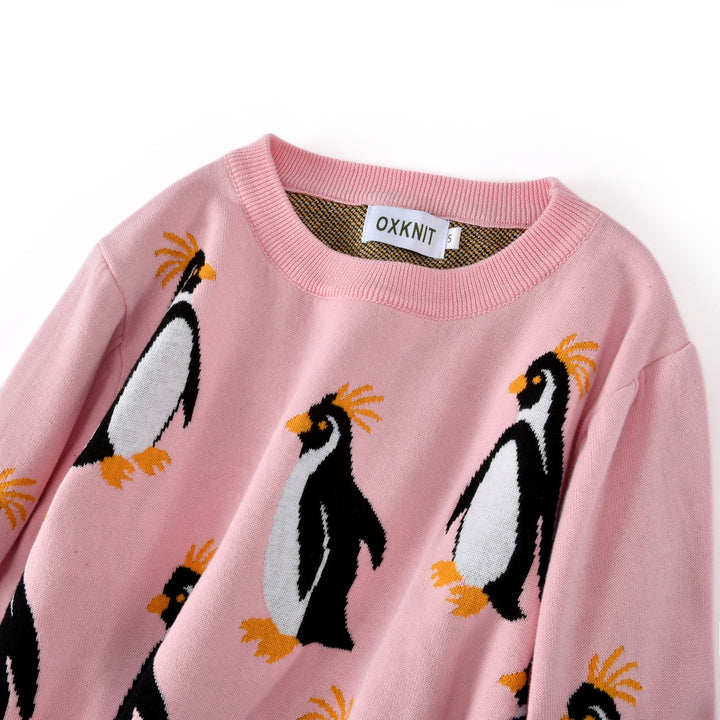Dames Roze 60s Speelse Geborduurde Pinguïn Jacquard Gebreide Trui