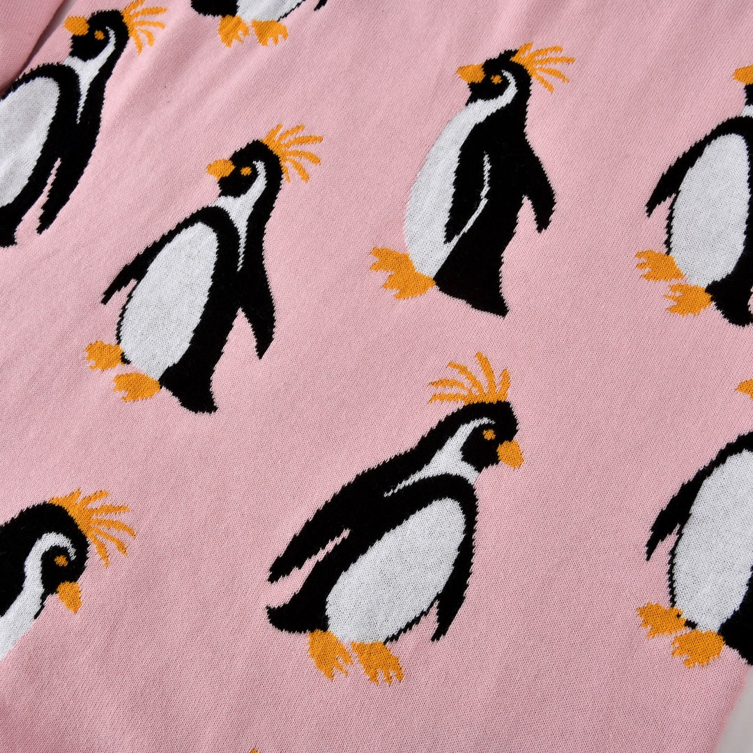 Dames Roze 60s Speelse Geborduurde Pinguïn Jacquard Gebreide Trui