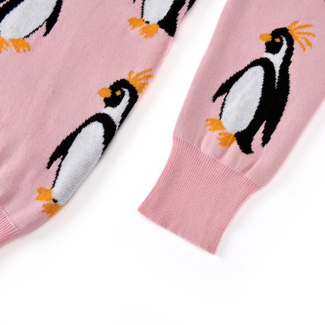 Dames Roze 60s Speelse Geborduurde Pinguïn Jacquard Gebreide Trui