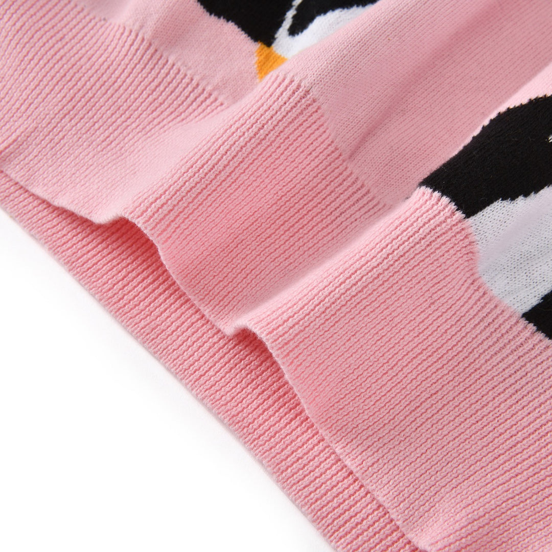 Dames Roze 60s Speelse Geborduurde Pinguïn Jacquard Gebreide Trui