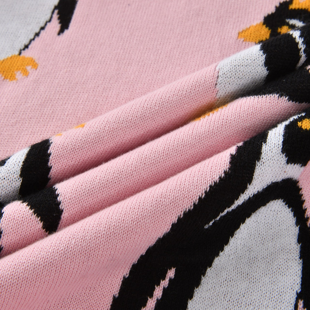 Dames Roze 60s Speelse Geborduurde Pinguïn Jacquard Gebreide Trui