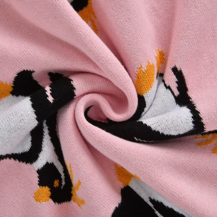 Dames Roze 60s Speelse Geborduurde Pinguïn Jacquard Gebreide Trui