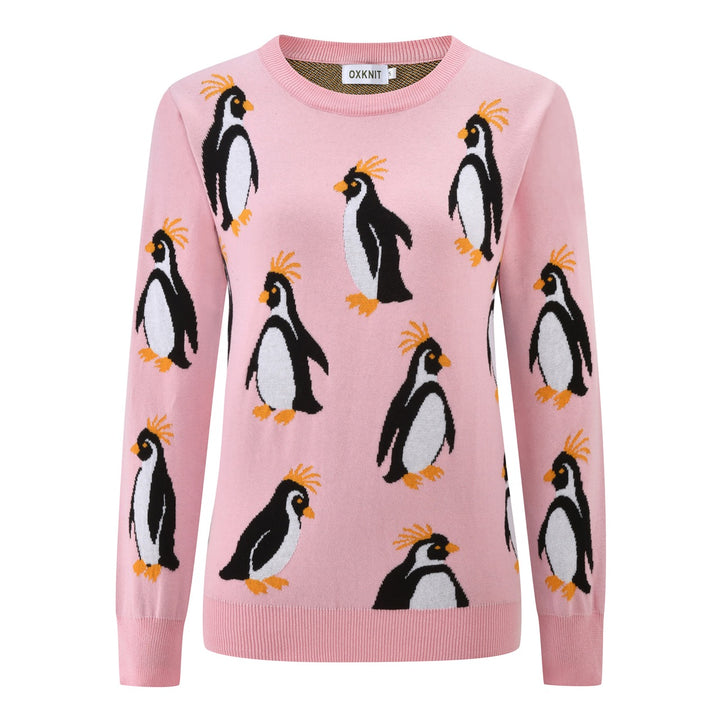 Dames Roze 60s Speelse Geborduurde Pinguïn Jacquard Gebreide Trui