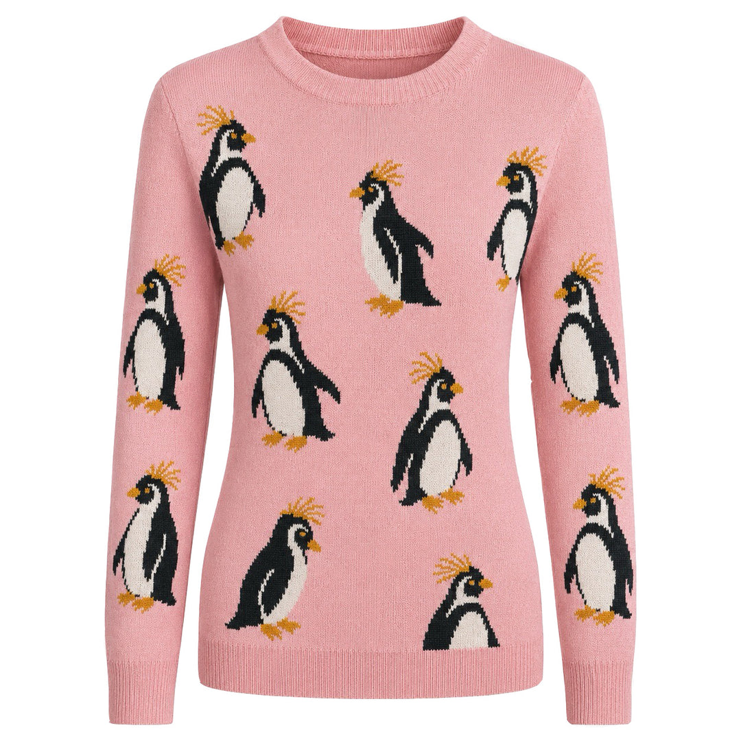 Women's Pink 60s Playful Crested Penguin Jacquard Knit Sweater