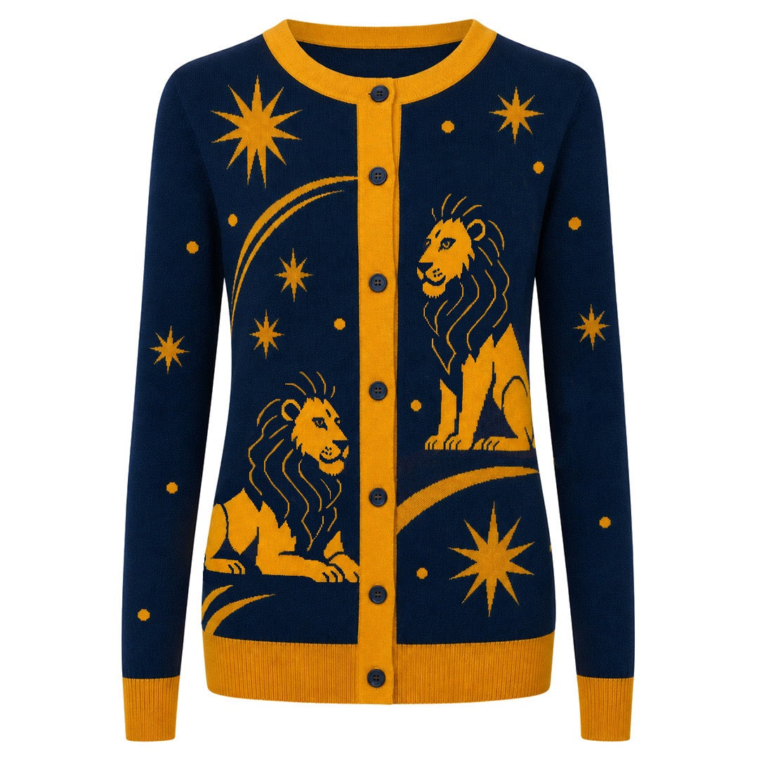 Women's Navy Blue Vintage Artistic Lion Jacquard Knit Cardigan