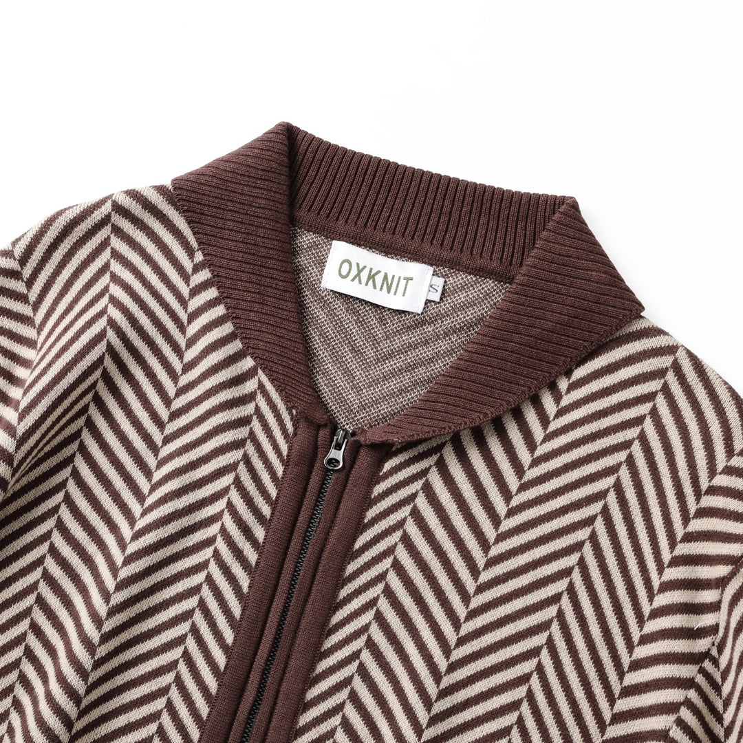 Men's Brown Vintage Herringbone Gentleman Old Money Collared Zip-Up Knit Cardigan