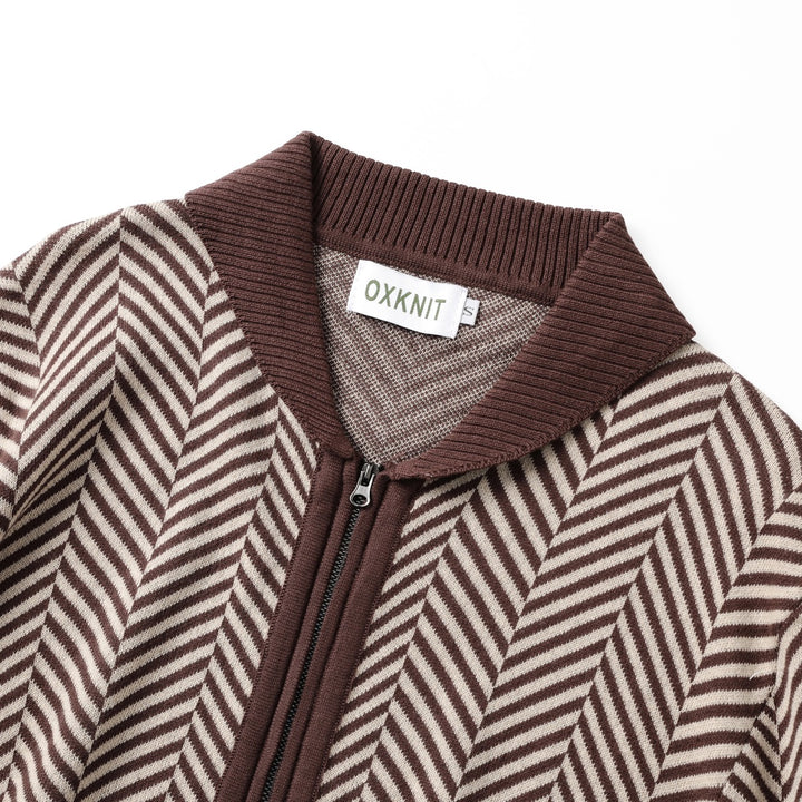 Men's Brown Vintage Herringbone Gentleman Old Money Collared Zip-Up Knit Cardigan