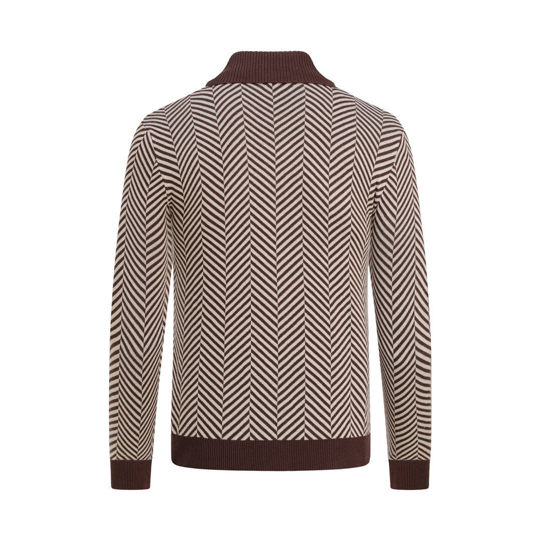 Men's Brown Vintage Herringbone Gentleman Old Money Collared Zip-Up Knit Cardigan