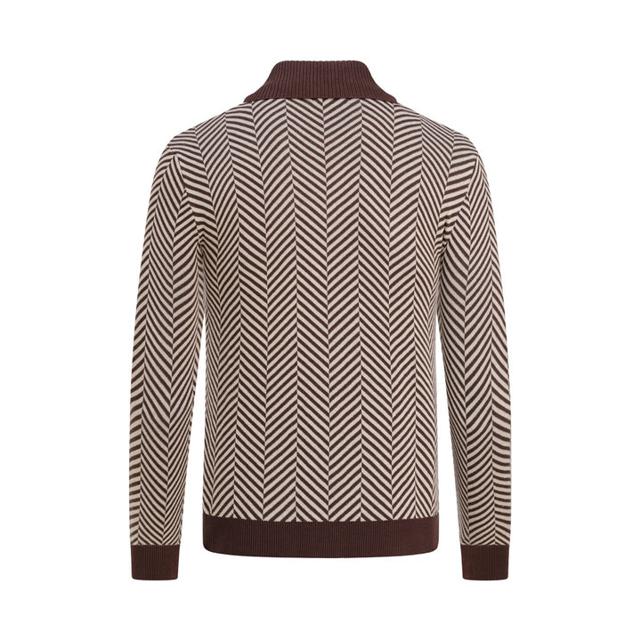 Men's Brown Vintage Herringbone Gentleman Old Money Collared Zip-Up Knit Cardigan