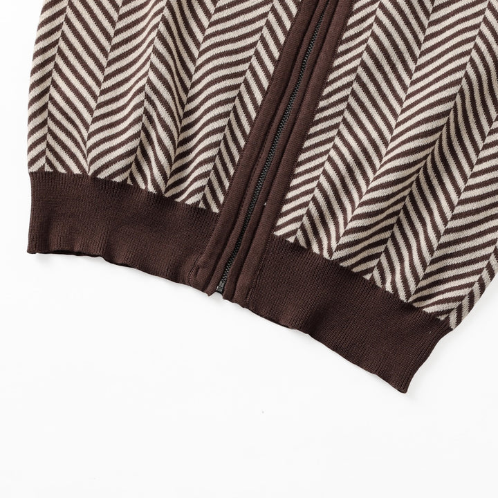 Men's Brown Vintage Herringbone Gentleman Old Money Collared Zip-Up Knit Cardigan