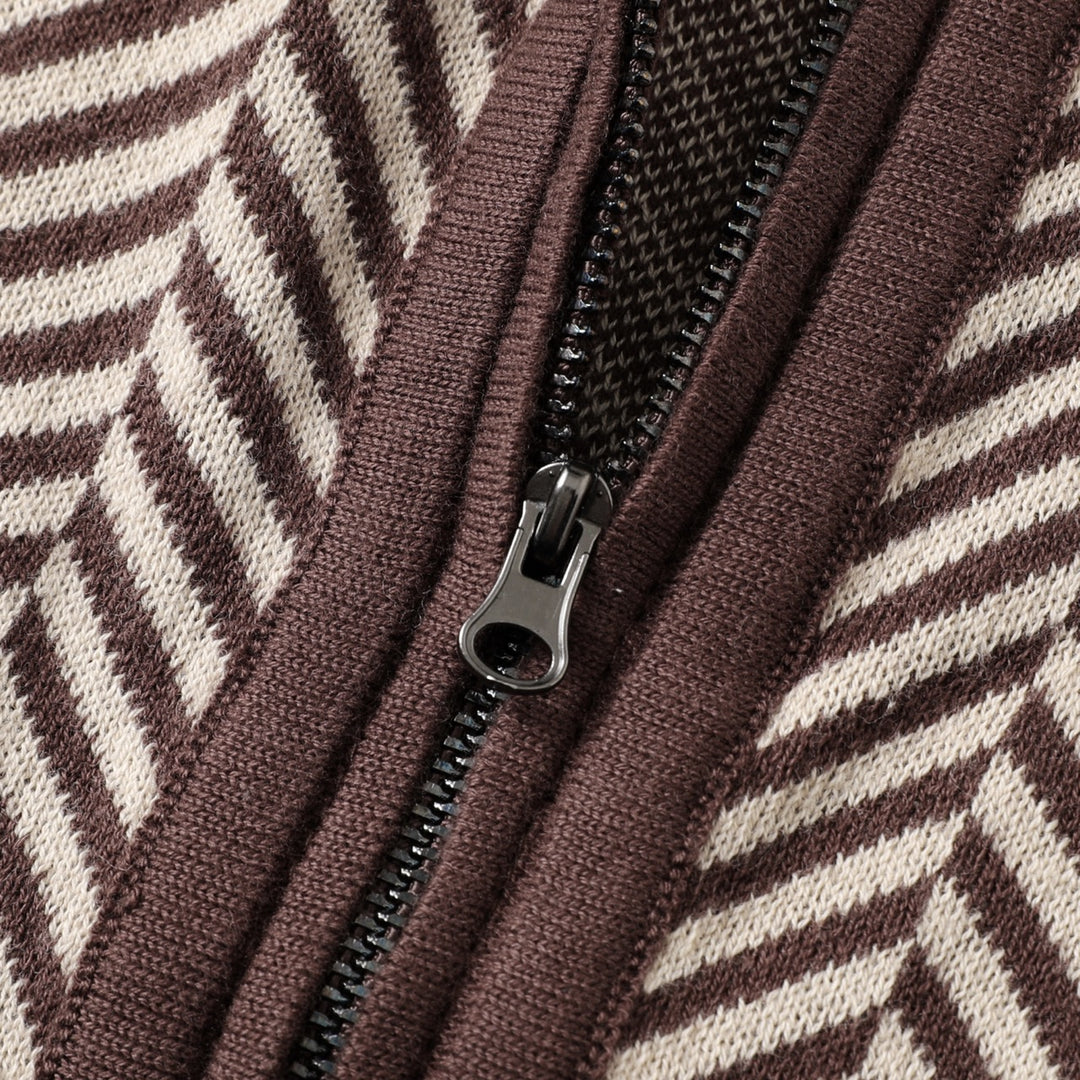 Men's Brown Vintage Herringbone Gentleman Old Money Collared Zip-Up Knit Cardigan