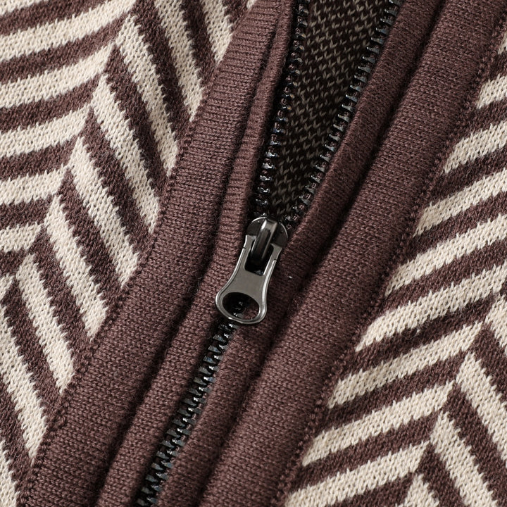Men's Brown Vintage Herringbone Gentleman Old Money Collared Zip-Up Knit Cardigan