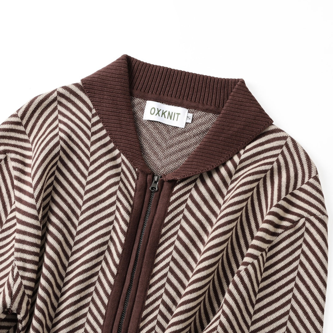 Men's Brown Vintage Herringbone Gentleman Old Money Collared Zip-Up Knit Cardigan