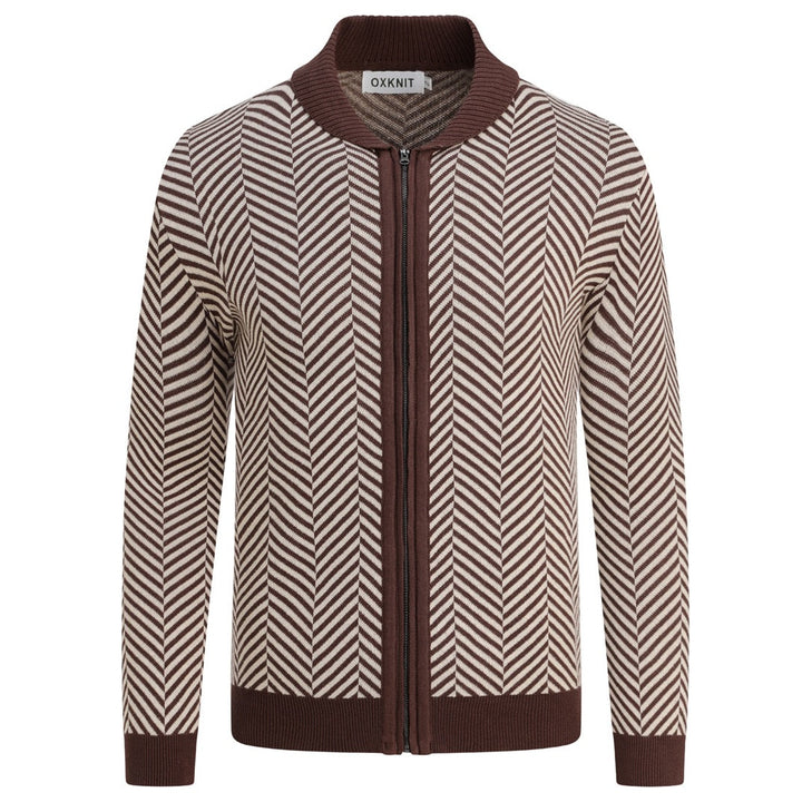 Men's Brown Vintage Herringbone Gentleman Old Money Collared Zip-Up Knit Cardigan