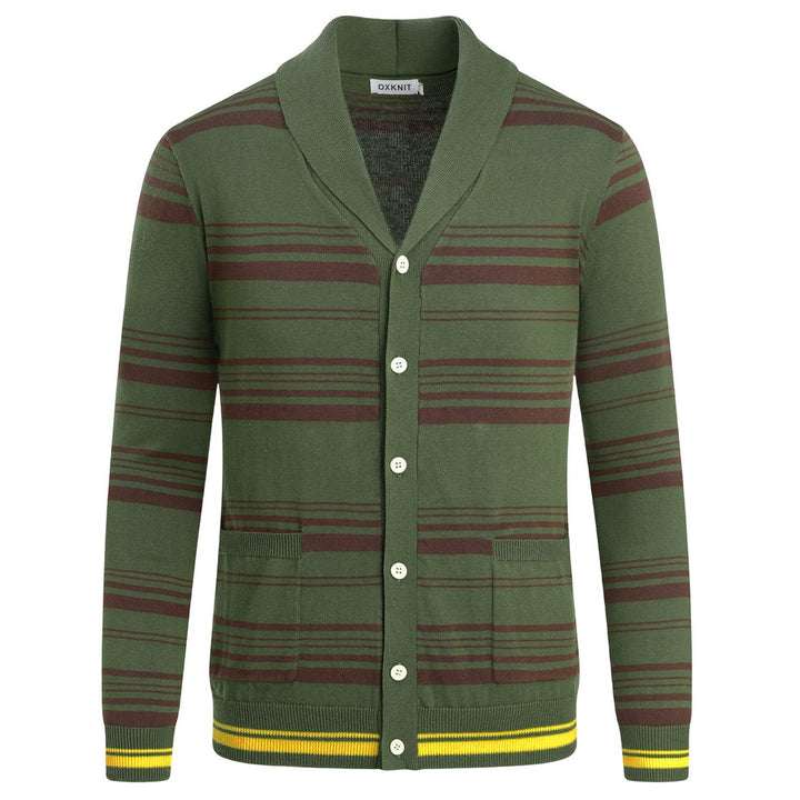 Men's Green Vintage Collegiate Striped Gentleman Shawl Collar Knit Cardigan