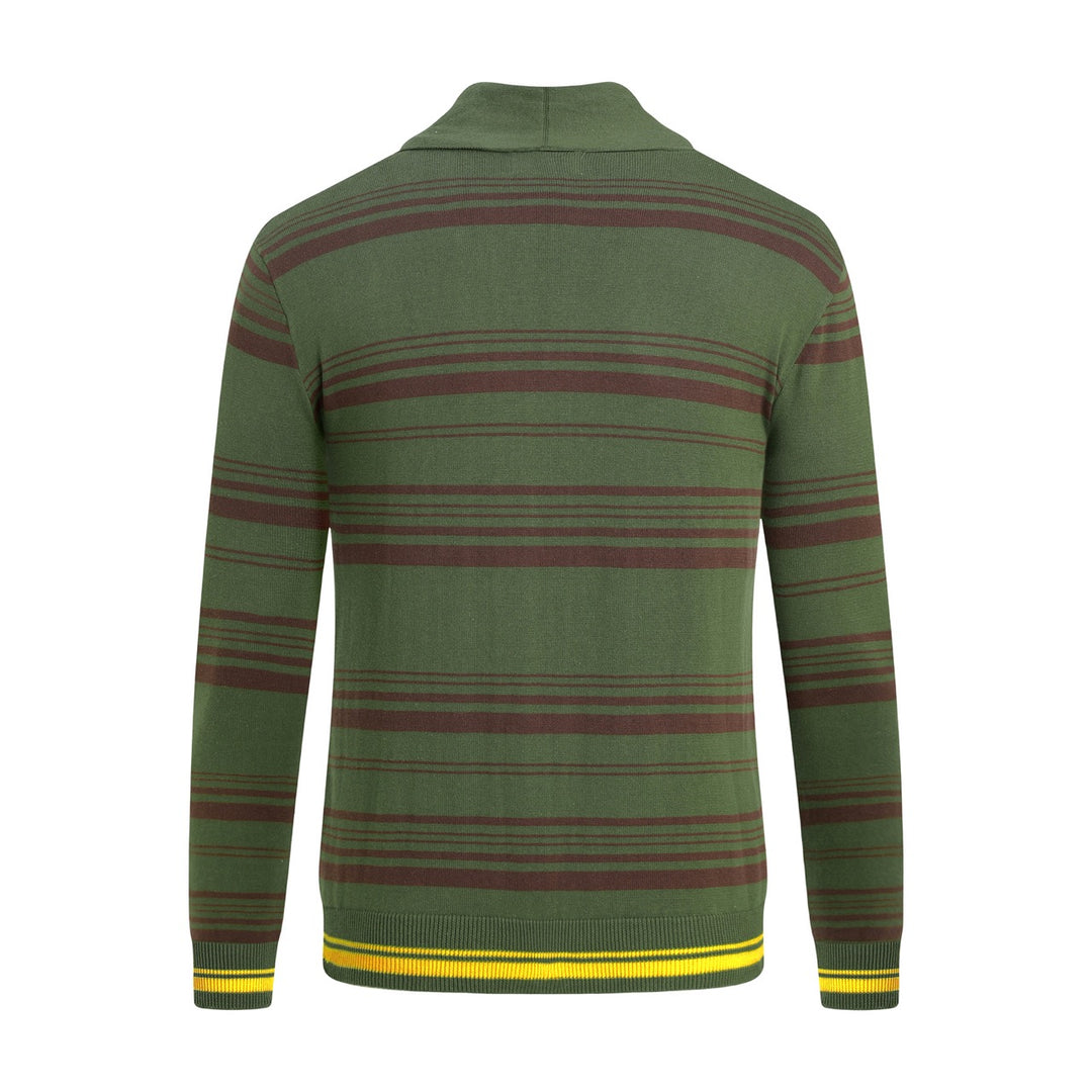 Men's Green Vintage Collegiate Striped Gentleman Shawl Collar Knit Cardigan