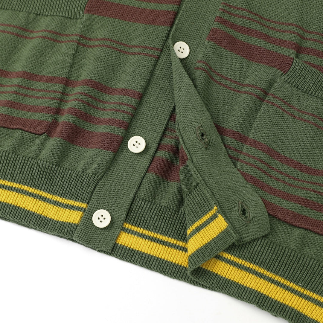Men's Green Vintage Collegiate Striped Gentleman Shawl Collar Knit Cardigan