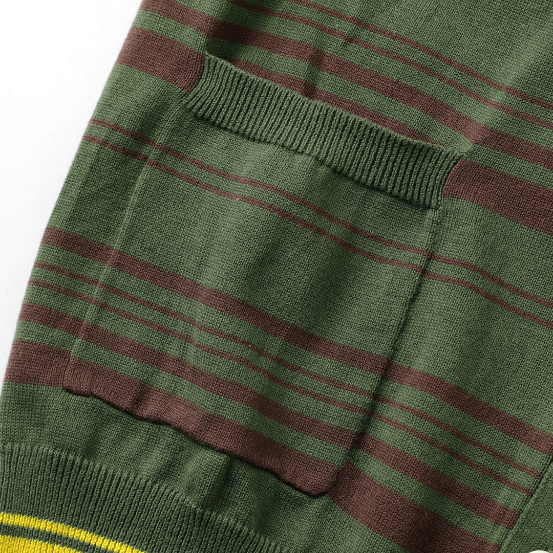 Men's Green Vintage Collegiate Striped Gentleman Shawl Collar Knit Cardigan