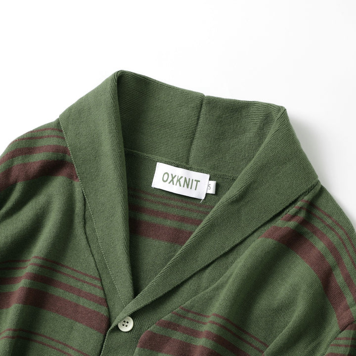 Men's Green Vintage Collegiate Striped Gentleman Shawl Collar Knit Cardigan
