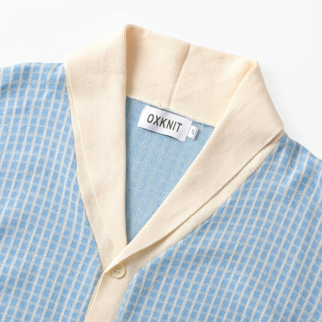 Cardigan en maille bleu pour homme, style preppy années 60 à col châle
