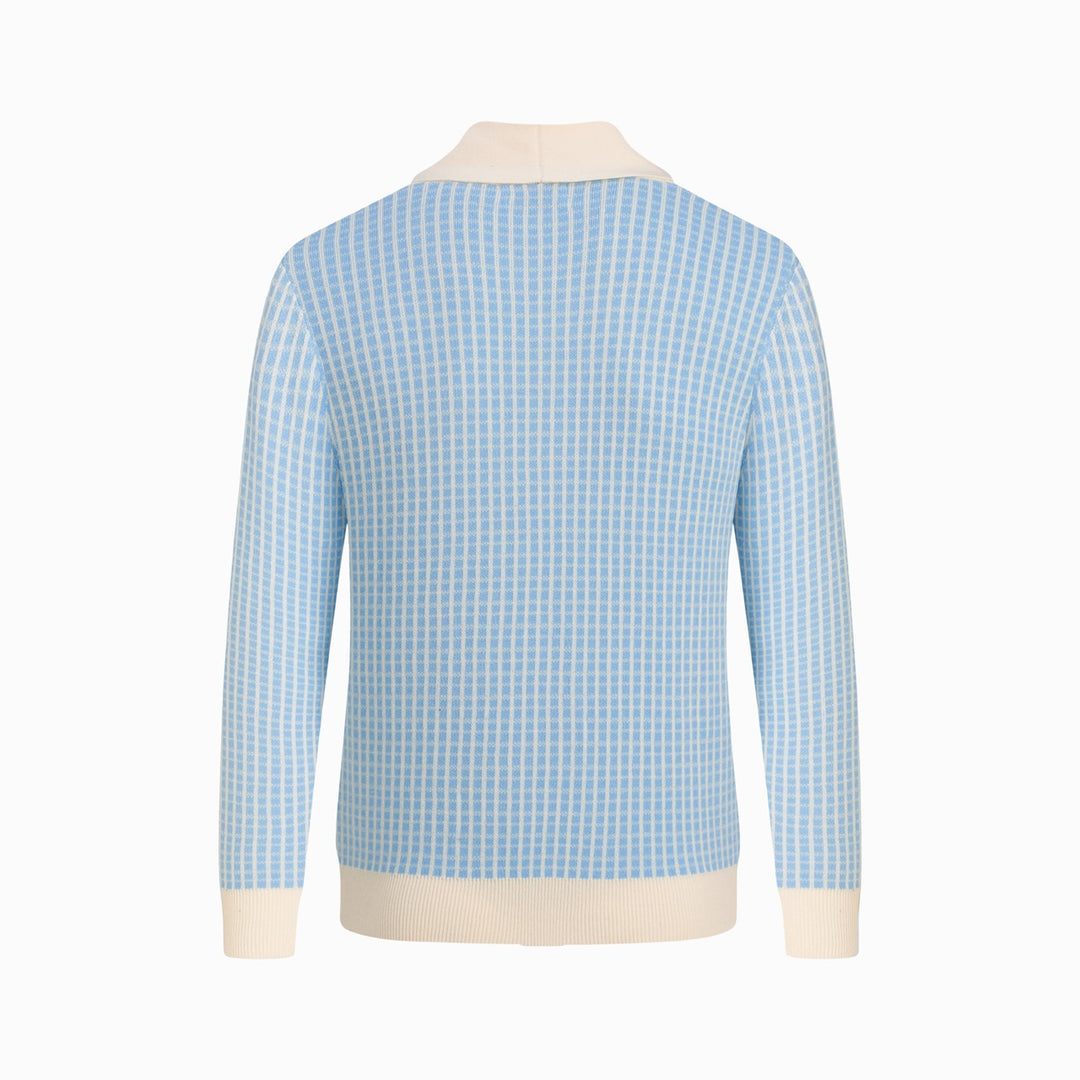 Cardigan en maille bleu pour homme, style preppy années 60 à col châle