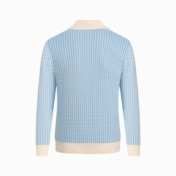 Cardigan en maille bleu pour homme, style preppy années 60 à col châle
