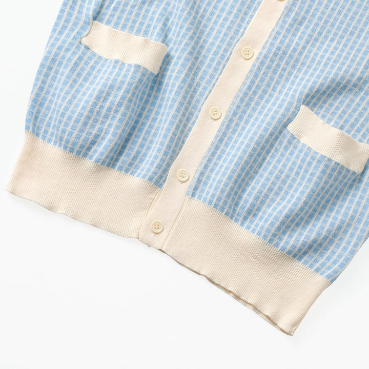 Cardigan en maille bleu pour homme, style preppy années 60 à col châle