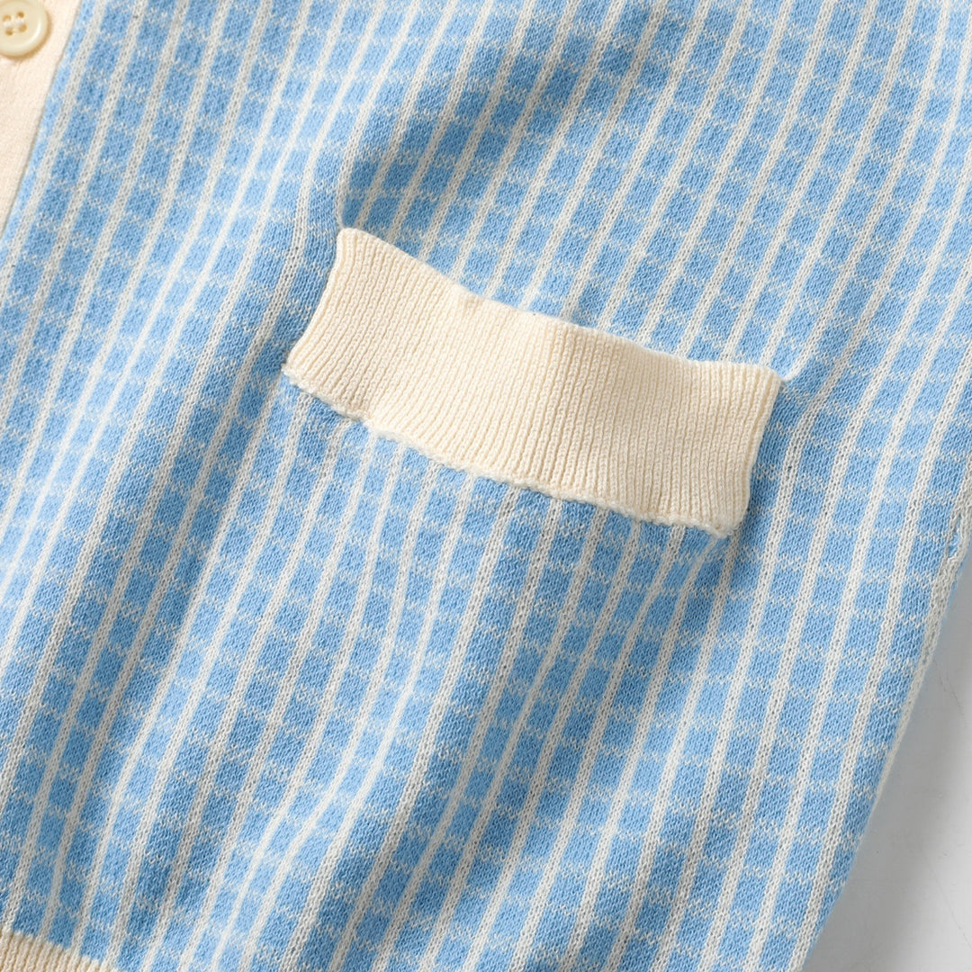 Cardigan en maille bleu pour homme, style preppy années 60 à col châle