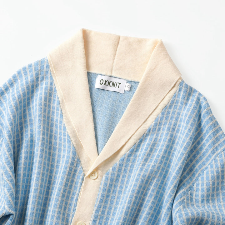 Cardigan en maille bleu pour homme, style preppy années 60 à col châle
