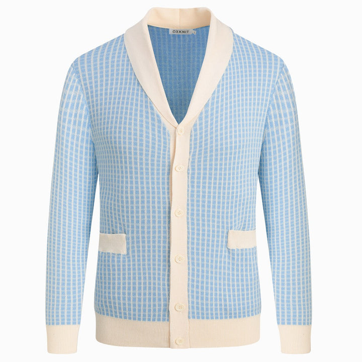 Cardigan en maille bleu pour homme, style preppy années 60 à col châle