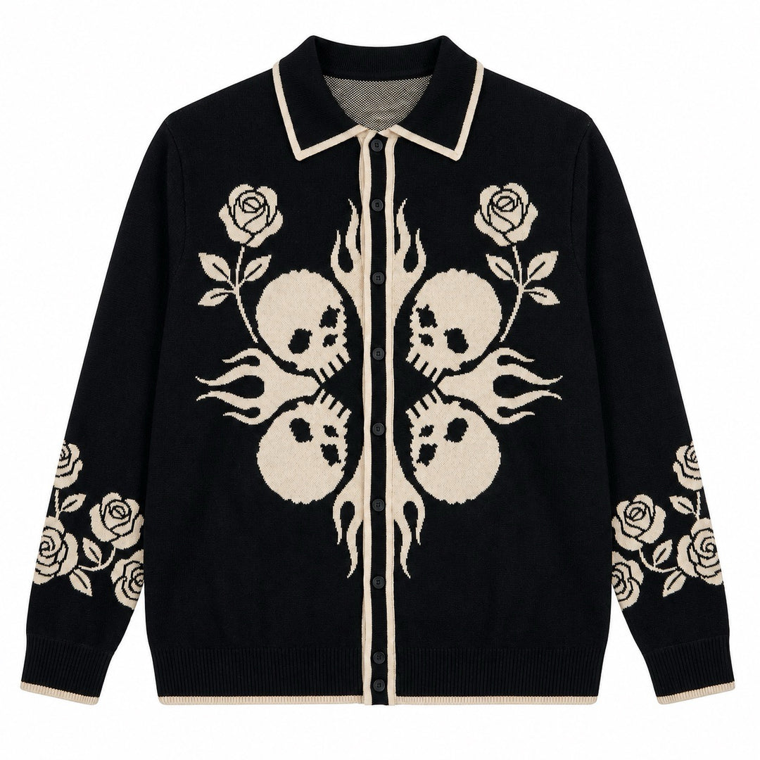 Men's Black 70s Punk Rock Jacquard Polo Knit Cardigan