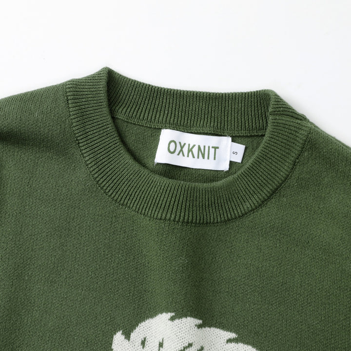 Suéter de punto verde vintage para mujer con animales del bosque y cuello redondo