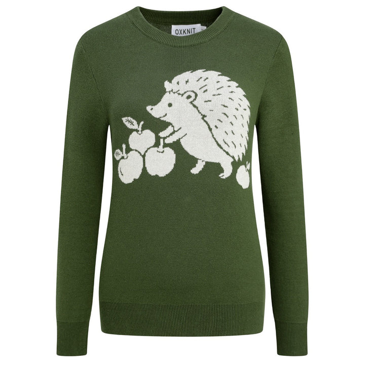 Suéter de punto verde vintage para mujer con animales del bosque y cuello redondo