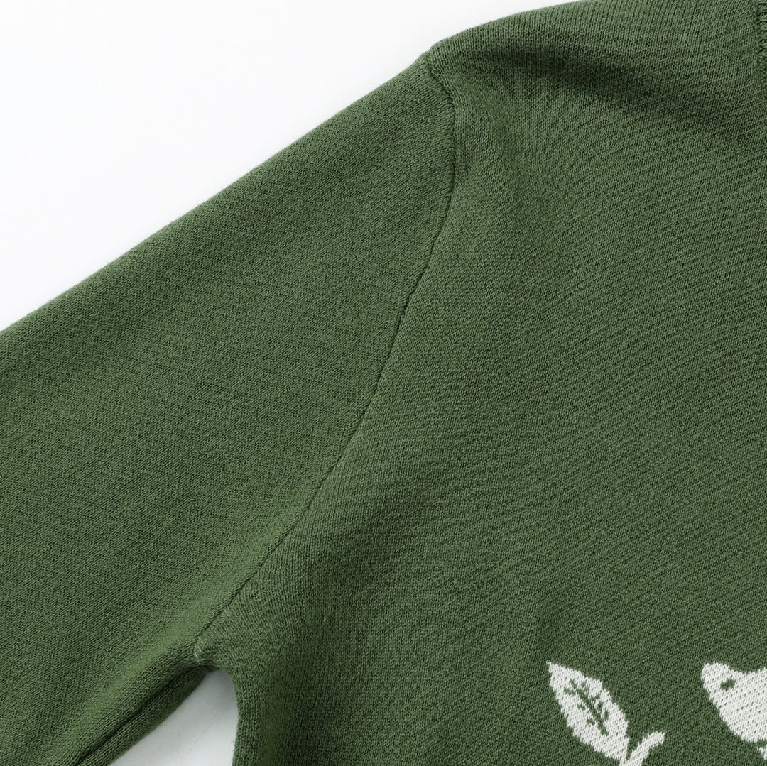 Suéter de punto verde vintage para mujer con animales del bosque y cuello redondo